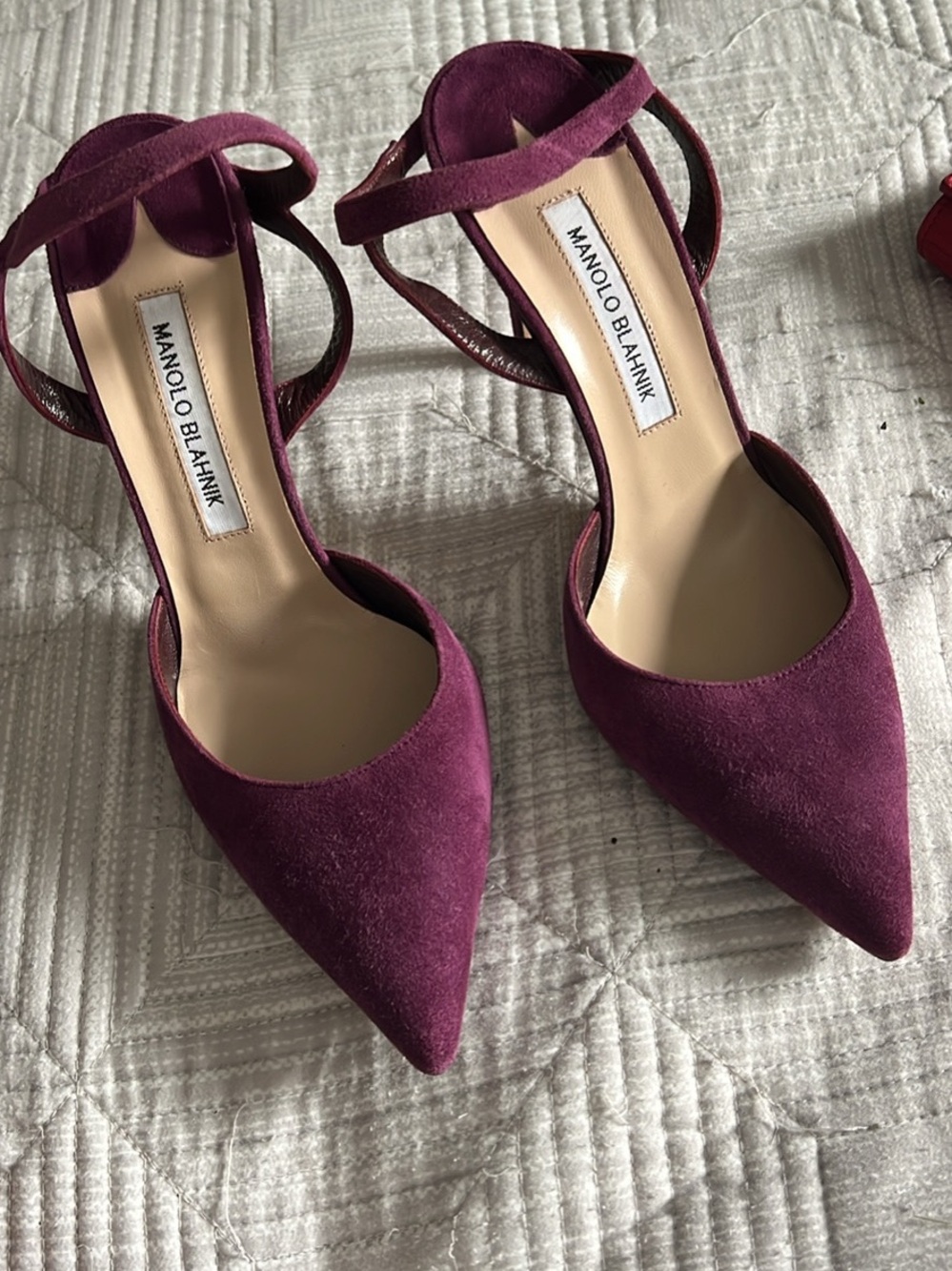 Manolo Blahnik Plum Suede Pointed-Toe Ankle-Strap Heels